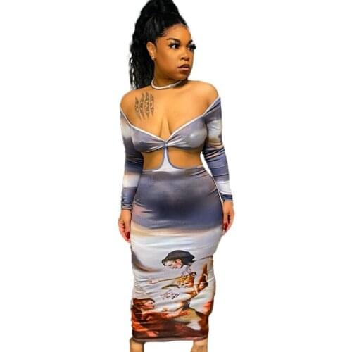 Vintage Tie Dye Off Shoulder Long Sleeve Sheath Maxi Dresses For Womens Outfits Elegant Fashion Sexy Party Vestidos