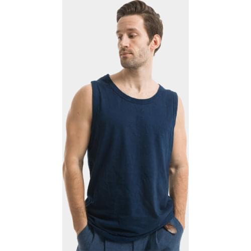 BADBOWL High Quality Cotton Indigo Mens Vest Handmade Plant Blue Dyeing Tank Tops Sleeveless O-neck Tees Retro Casual Style