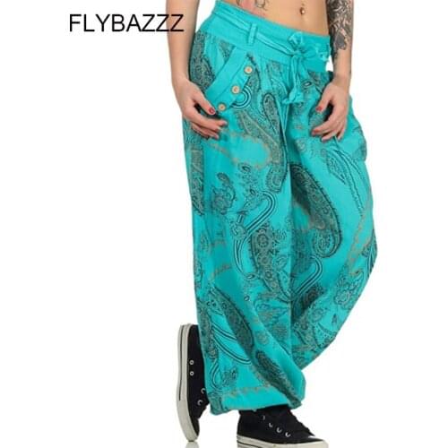 Womens Harem Pants Casual Summer Loose Trousers Female Baggy Boho Print Ethnic Chic Wide Leg Pants Ladies Hippy High Waist Pant