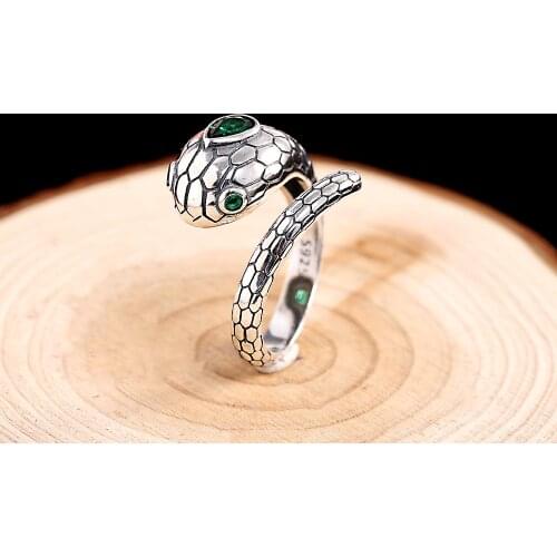 Punk Female Male Green Crystal Ring Real 100% 925 Sterling Silver Wedding Rings For Women Men Punk Snake Animal Engagement Ring