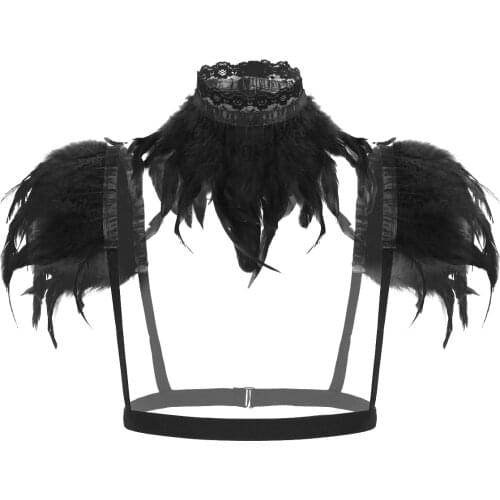 Women Gothic Natural Feather Shrug Shawl Shoulder Wings Female Halloween Party Stage Costume Victorian Feather Shoulder Wrap Cap