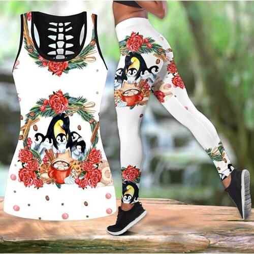Womens Over Printed Yoga Suit Animal Plant Penguin 3D Printing Hollow Vest Tank Top Gym High Waist Leggings Sports Ladies Suit