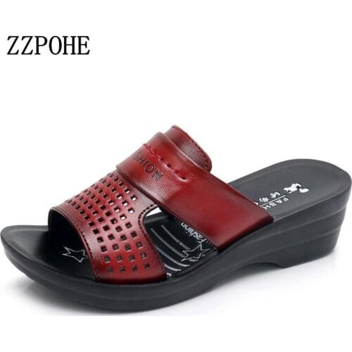 ZZPOHE summer womens slippers leather thick bottom with wedges non-slip soft bottom middle-aged mother slippers