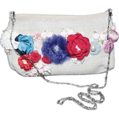 2019 Hand Made New designer women Linen bags female Hand made flowers with Peals 2 in 1 Purse Chain shoulder zipper Cosmetic bag