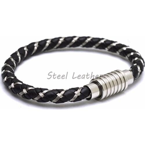 5pcs/lot fashion leather bracelet mens woven multilayer rope stainless steel bracelet magnetic buckle mens bracelet mens gift