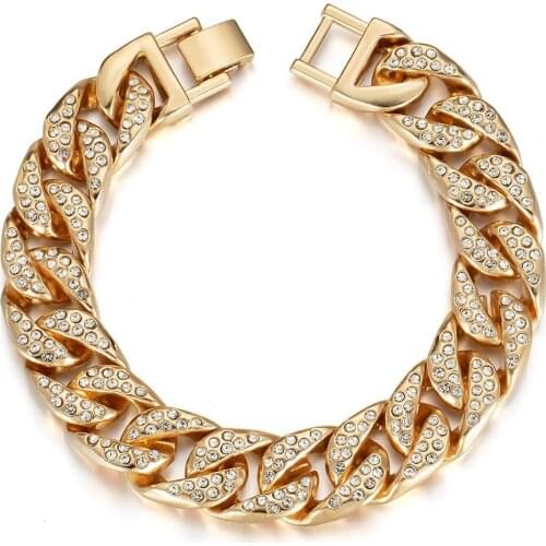 Gold 17/19cm Cuban Miami Chain Bracelet Male-Female Hip-hop Crystal Shop Rock Jewelry gold plated rhinestone bracelet wholesale