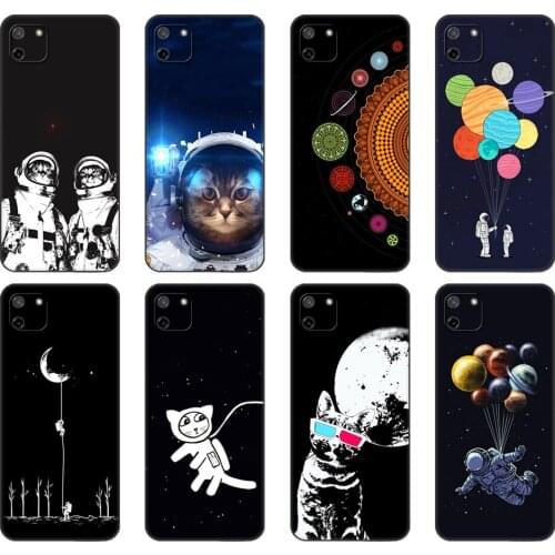 Black tpu Case For OPPO Realme C11 C20 C21 Case Back Cover Bumper Space Love Moon Astronaut Cat