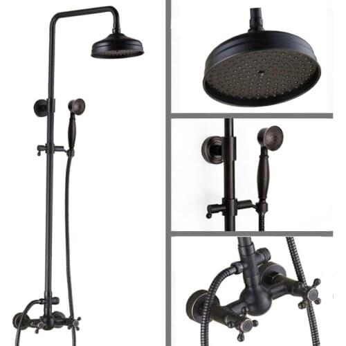 Black Oil Rubbed Brass Dual Cross Handles Bathroom 8 Inch Round Rain Shower Faucet Set Bath Mixer Tap Hand Shower mrs047