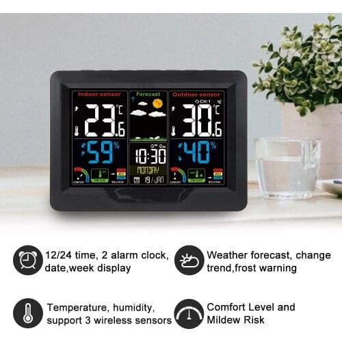FanJu Digital Alarm Clock Color Weather Station Wireless Sensor Calendar Mold Risk Level Comfort Level Table Desk Watch -40°C