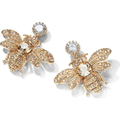 Rongho design Vintage crystal bees stud earrings for women cute jewelry Gold insect earrings pendant brand earring bijoux