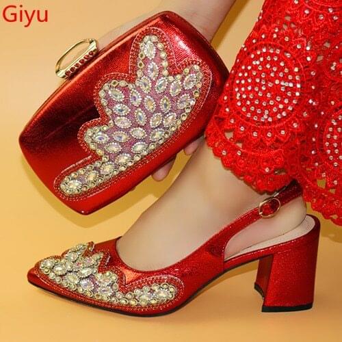 Doershow New Arrival African Wedding Shoes and Bag Set red Color Italian Shoes with Matching Bags Nigerian Women party!HLO1-22