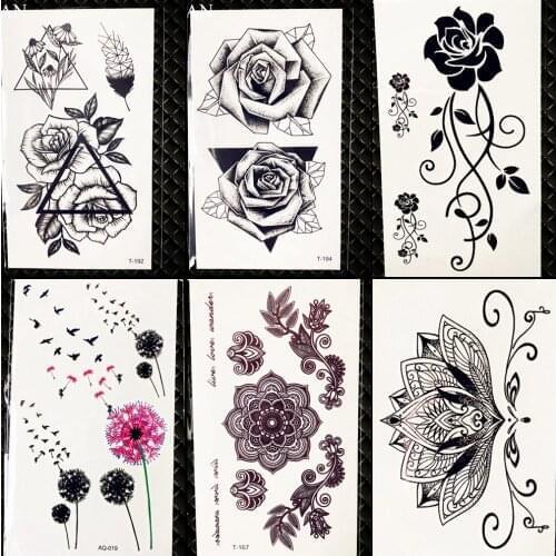 Henna Flower Rose Temporary Tattoo Geometric Pencil Sketch Girl Clavicle Club Tattoo Stickers Women Chest Black Fake Tatoo Decal