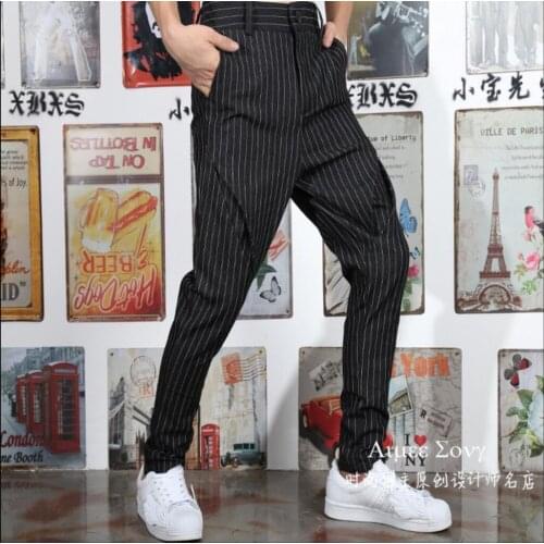 Summer Men Clothing Casual Trousers Slim Hit Color Stripe Harem Pants Fashion Pencil Pants Straight Hairstylist Singer Costumes