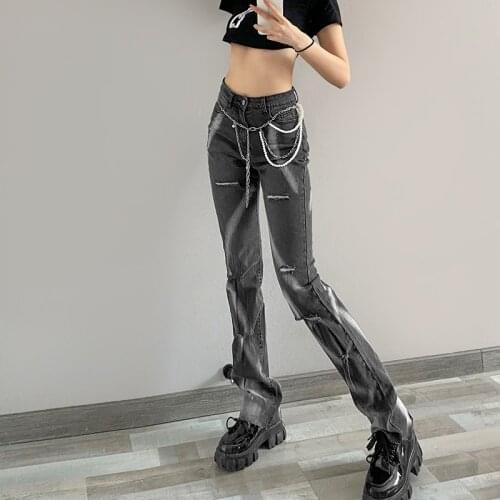 Y2k Hot Girls Retro Holes Jeans Design High Waist Vintage Slim Straight Slack Casual Pants Jeans Female Grey