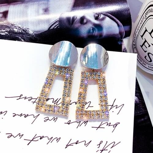 Fashion Gold Color Round Geometric Drop Earrings Luxury Shining Square Rhinestone Earring for Women Party Jewelry Gift