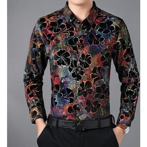 Mens Luxury Velour Shirts Autumn Winter Bright Colors Floral Clothing Male Gold Velvet Dresses Blouse Long Sleeved
