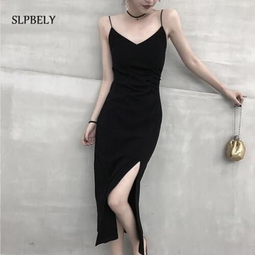 SLPBELY Sexy Black Sling Slit Dress Summer Sleeveless Strappy Shirring Long Dress Solid V-Neck High Slit Sundress Party Dress
