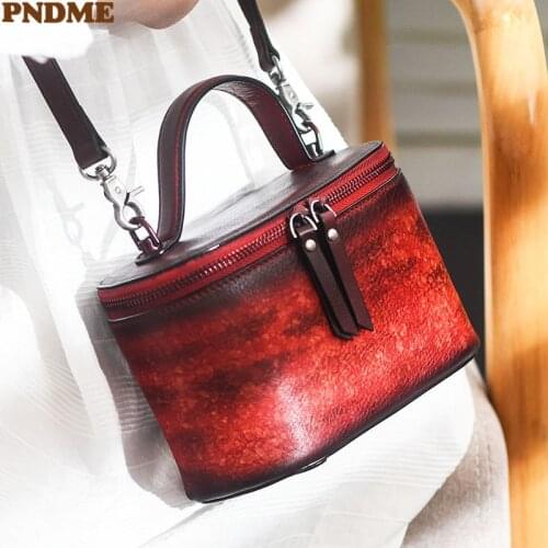 PNDME fashion luxury natural genuine leather ladies box shape small handbag outdoor party daily real cowhide women messenger bag