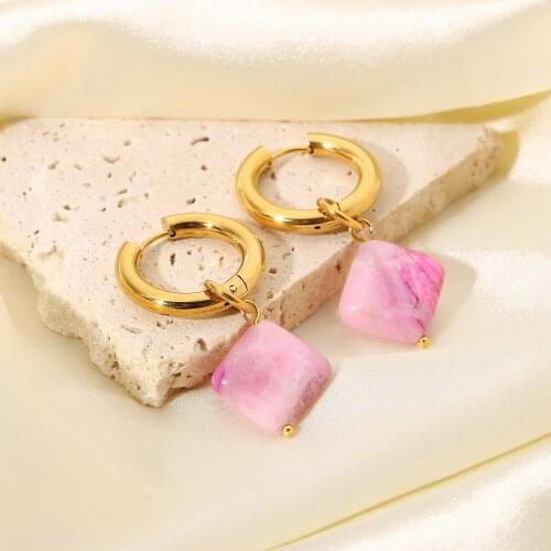 18k Gold Plated Stainless Steel Pink Waterproof Tarnish Free Rhombus Natural Stone Pendant Huggie Earrings For Women