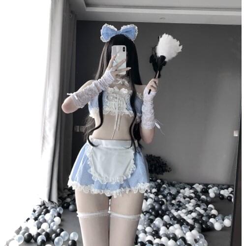 Sexy Underwear Sexy Lovely Maid Skirt Blue Plaid Nightdress Girl Bra Top Vest Lace Kawaii Uniform Temptation Set