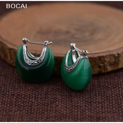 Thai silver jewelry wholesale S925 sterling silver cats eye stone ear buckle simple classic fashion earrin