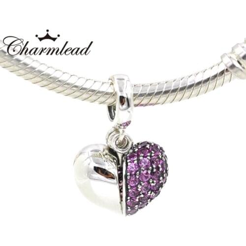 Charmlead 925 Sterling Silver Pave Heart Charm Open Love Pink Stone Beads Fits Bracelet Necklace DIY Jewelry Making