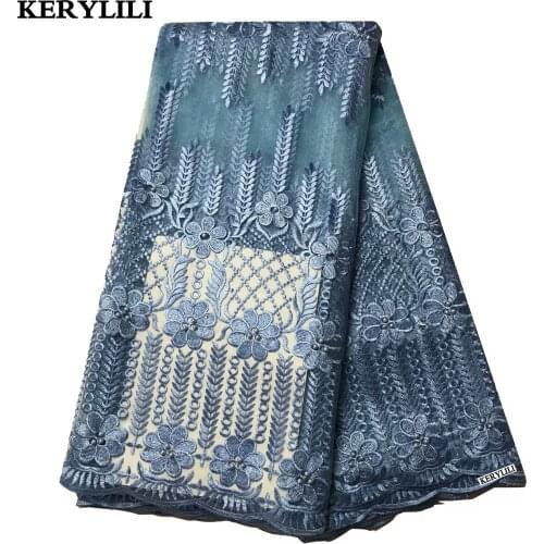 Light Blue Nigerian Swiss Voile Lace Fabric 5 Yards Beaded&Rhinestone French Tulle Lace African Clothes KRL-28725