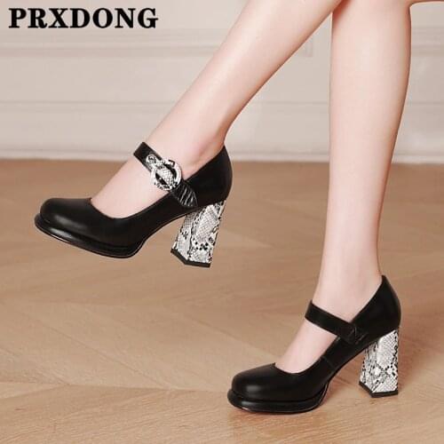 2021 New Brand Genuine Leather Retro Mary Janes Shoes Woman Pumps High Heels Round Toe Black Brown Dress Party Office Lady Shoes