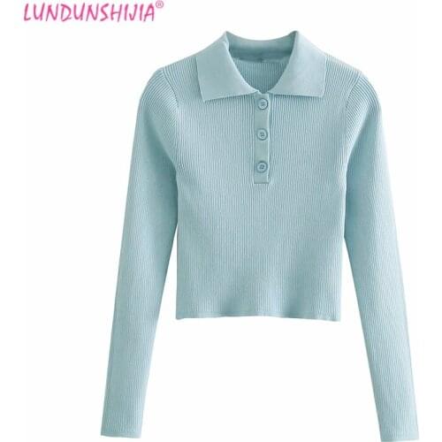 LUNDUNSHIJIA 2021 New Spring Short Women Blue POLO Collar Knitting Pullovers Top Ladies Fashion Long Sleeve Slim Sweaters