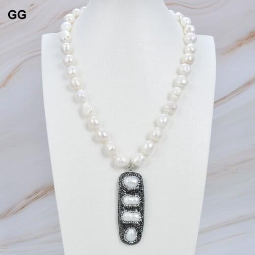 GuaiGuai Jewelry Natural White Keshi Baroque Pearl Necklace White Natural Pearl Black CZ Trimmed Pendant