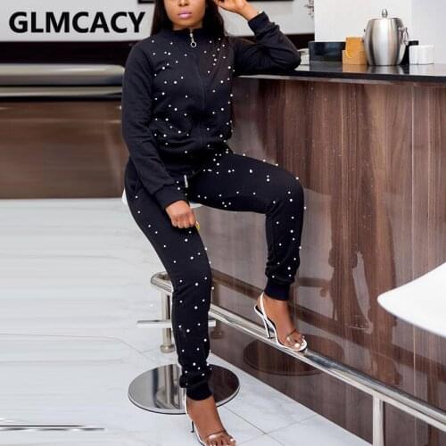 Women Two Piece Pearl Beading Tracksuit Long Sleeve Zip Up Jacket & Slim Casual Pants Set