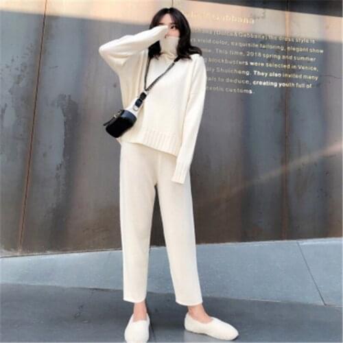 Women Sweater Two Piece Knitted Pant Sets Soft Warm Slim Tracksuit 2021 Autumn Winter Fashion Sweatshirts Sporting Suit Female