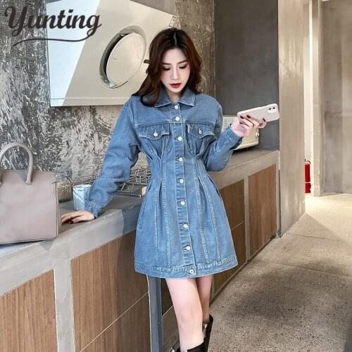 Streetwear Turn-down Collar Slim Denim Dress Women Chic Single-breasted Full Sleeve Women Jeans Dress Femme 2021