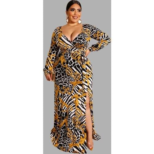 Autumn Womens Fashion Printed Dress Lacing Tight-fitting Bag Hips Deep V-neck Long Sleeve Hem Split-fork Sexy Dress Plus Size