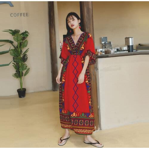 2020 New Ethnic Vintage Print Mexican Long Dress Women Luxury Brand Thailand Dresses Boho Beach Clothing Vestido Robe AA5276