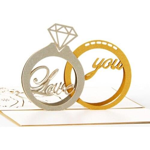 10 pieces/lot) Gold Diamond Couple Ring Wedding Postcard Handmade 3D Kirigami Pop UP Greeting Cards For Valentine Day C1017G