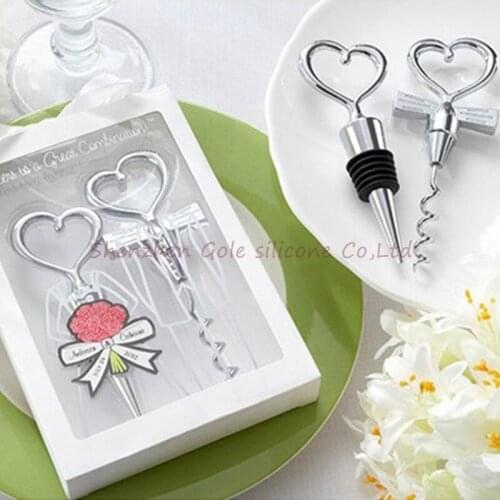 100pcs=50set) High Quality Love Heart Corkscrew Wine Bottle Opener + Wine Stopper Wedding Gift Favors Bottle Opener Set