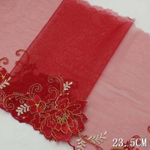 28Yards 23cm Beautiful Embroidered Lace Trim Flower Applique Grey Red Ribbons Headdress Garment Home Decor DIY Craft Supply