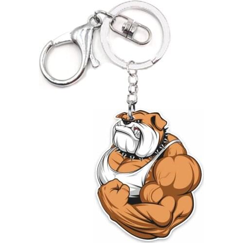 Punk Dog Acrylic Keyring Bulldog Bodybuilder Pet Funny Dogs Animal Charms Not 3D Keychain Gift for Women Car Key Ring Purse Toy