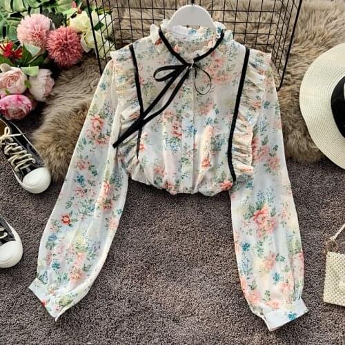 Women Spring New Long Sleeve Bow Bandage Floral Blouse Elegant Ruffles Loose Casual Summer Shirts Blusas Mujer 2021