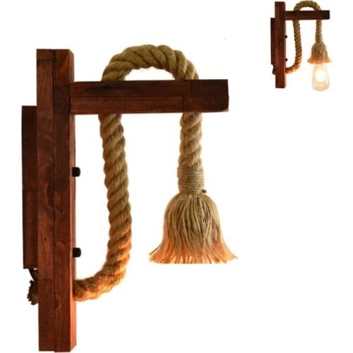E27 American Style Pastoral Hemp Rope Wall Lamp Vintage Wooden Wall Light for Restaurant Coffee Shop Decor(Without Bulb)
