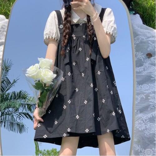 Kawaii Girl Japanese Cute Sling Dress Summer Casual Puff Sleeve Shirt Tops Sweet Soft Girl Black Dresses Female 2 Piece Set 2021