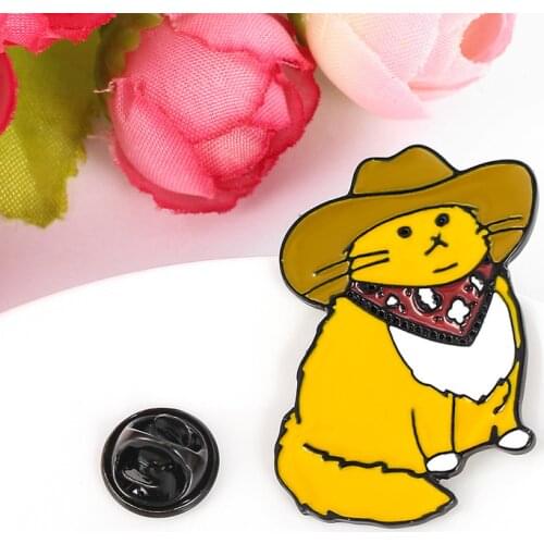 Cute Cat With A Cowboy Hat Cartoon Brooch Animal Emanal Pin Cat Anime Pins Badge Brooches Fashion Jewelry Gifts