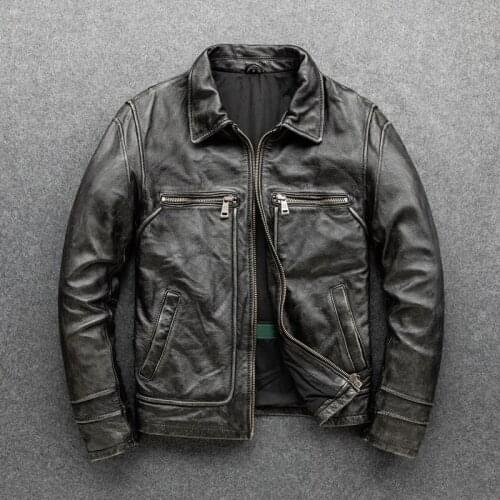 Mens Leather Jacket Genuine Leather Coat Zipper Leather Jackets Male Motorcycle Cowhide Motor Biker Jacket Distressed