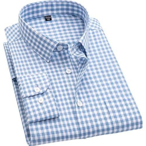 AOLIWEN men 100% cotton blue white plaid long sleeve & short sleeve shirt 5XL spring summer button casual fashion slim fit shirt
