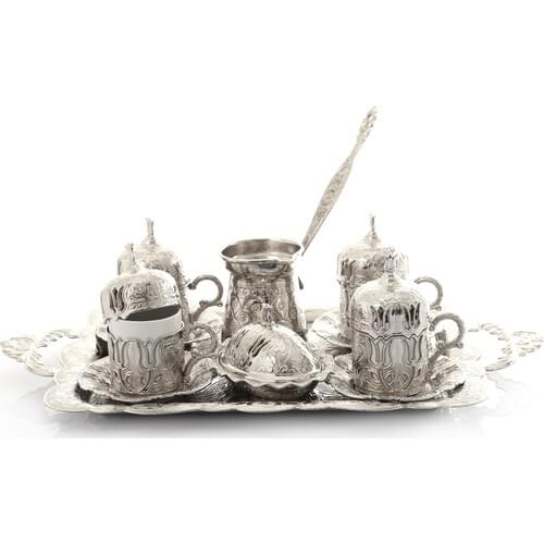 White Metal Cezveli Tulip Motif 4'Lü Ottoman Turkish Coffee Set