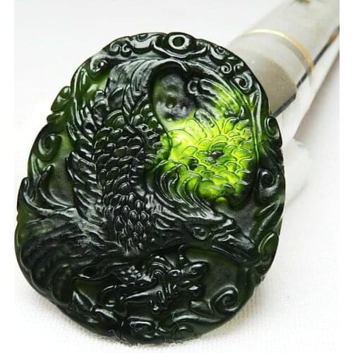 Natural Black Green Jade Eagle Pendant Necklace Obsidian Chinese Carved Fashion Charm Jewelry Amulet Accessories Men Women Gifts