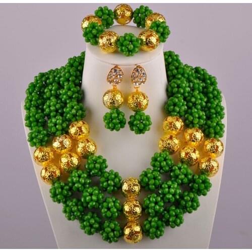 Opaque Olive Green African Wedding Beads Jewelry Set Nigerian Necklace