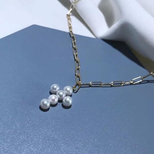 6-7mm Cultured Freshwater white round Pearl Necklace,Handpicked Pearl cross women Necklace,Thick chain jewelry gift for birthday
