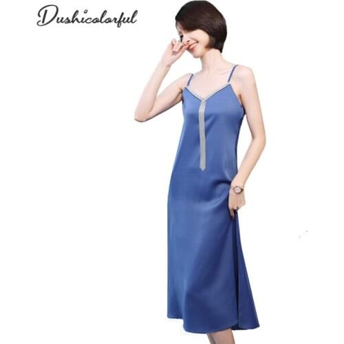 2021 Summer Women Long Satin Slip Dress Metal decoration Spaghetti Strap Elegant Lady Sexy Satin Party Dress Plus Size S-5XL